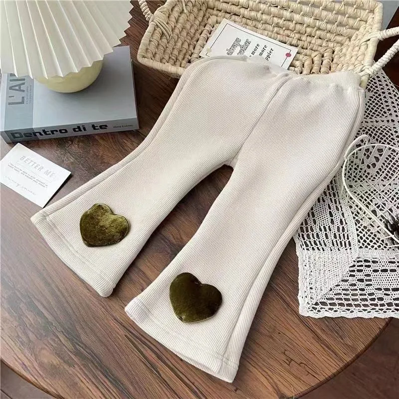 Kids Girls' Autumn Winter New Pants Baby Heart Decorations Thickened Fleece-Lined Stylish Flared Pant Long Pants for Outdoors