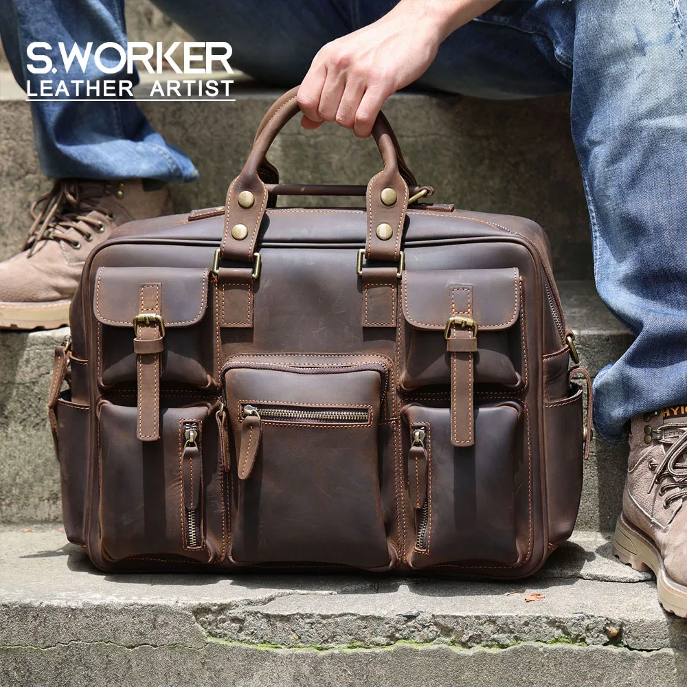 Vintage Men's Full Grain Leather Briefcase 16 Inch Laptop Messenger Bag Genuine Leather Business Travel Crazy Horse Leather Hand