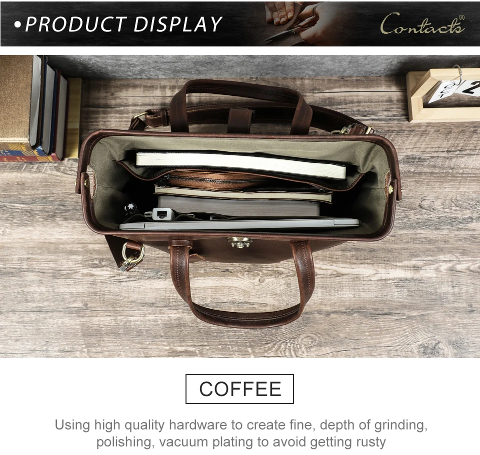 CONTACT'S Genuine Leather Business Bags for Men Metal Frame Doctor Bag Briefcase Shoulder Tote Laptop Bags for 14“ Macbook Pro