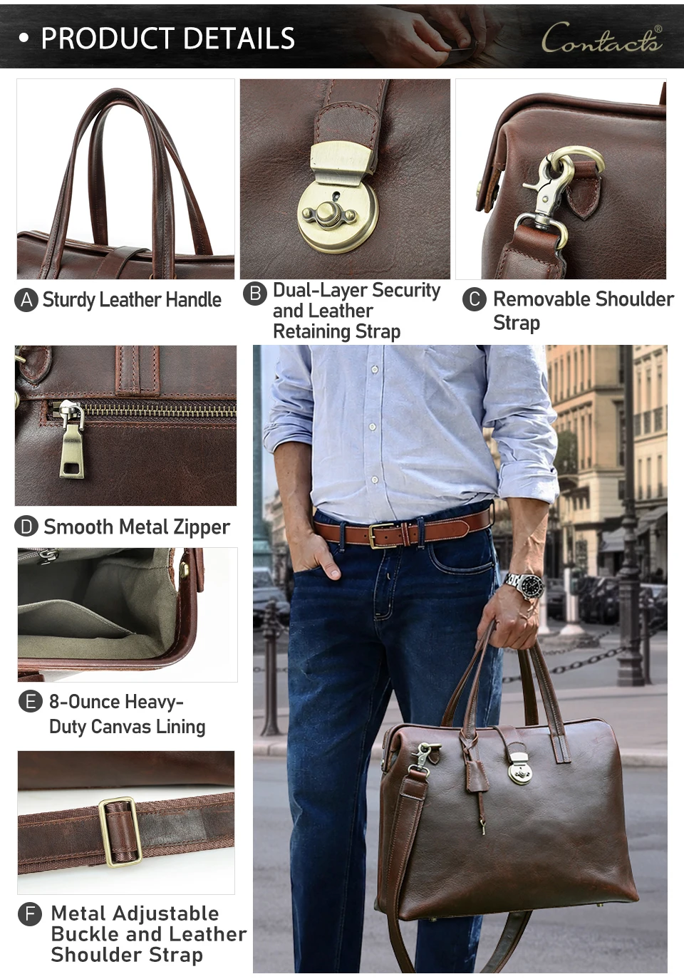 CONTACT'S Genuine Leather Business Bags for Men Metal Frame Doctor Bag Briefcase Shoulder Tote Laptop Bags for 14“ Macbook Pro