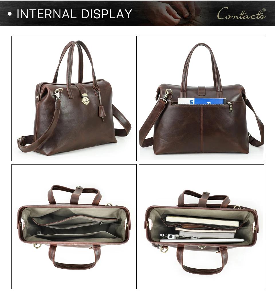CONTACT'S Genuine Leather Business Bags for Men Metal Frame Doctor Bag Briefcase Shoulder Tote Laptop Bags for 14“ Macbook Pro