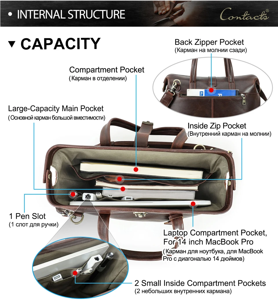 CONTACT'S Genuine Leather Business Bags for Men Metal Frame Doctor Bag Briefcase Shoulder Tote Laptop Bags for 14“ Macbook Pro