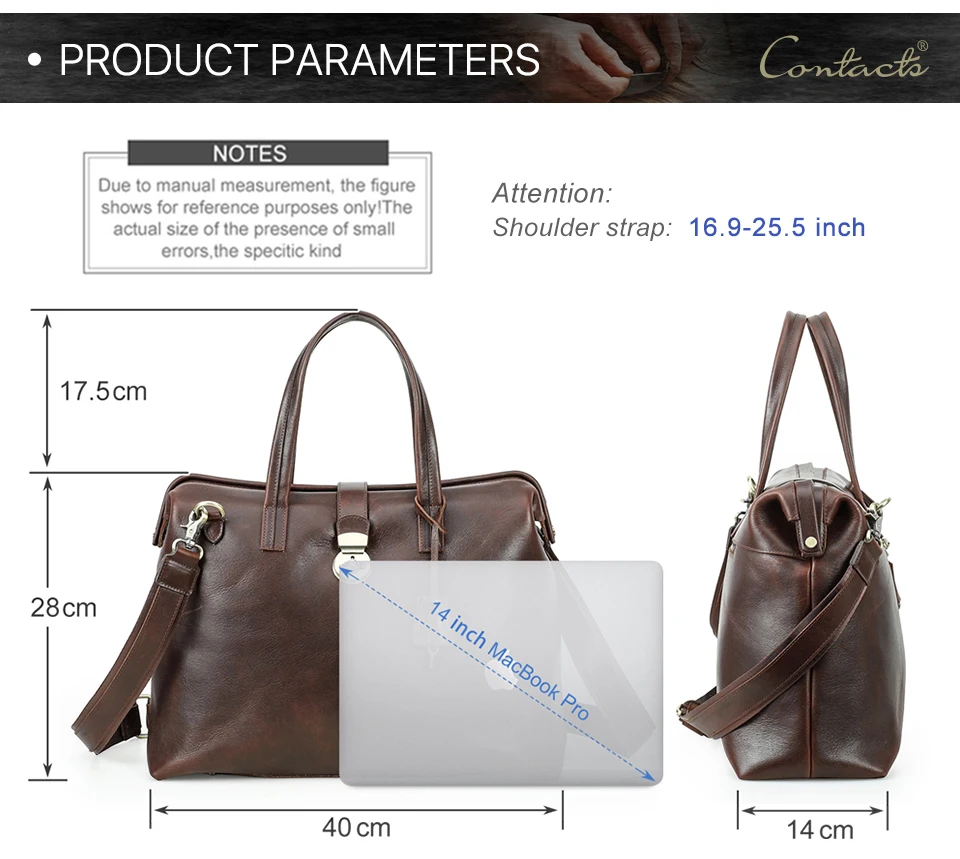 CONTACT'S Genuine Leather Business Bags for Men Metal Frame Doctor Bag Briefcase Shoulder Tote Laptop Bags for 14“ Macbook Pro