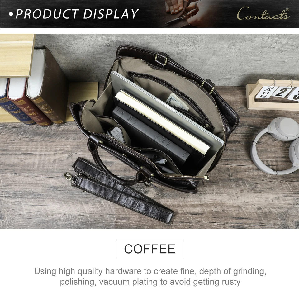 CONTACT'S Genuine Leather Business Bags for Men Luxury Designer Briefcase Office Bag Male Tote Laptop Bags for 14" Macbook Pro