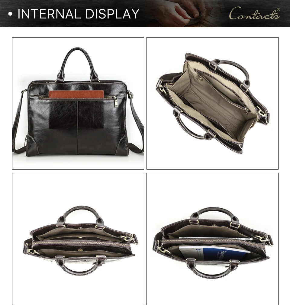 CONTACT'S Genuine Leather Business Bags for Men Luxury Designer Briefcase Office Bag Male Tote Laptop Bags for 14" Macbook Pro