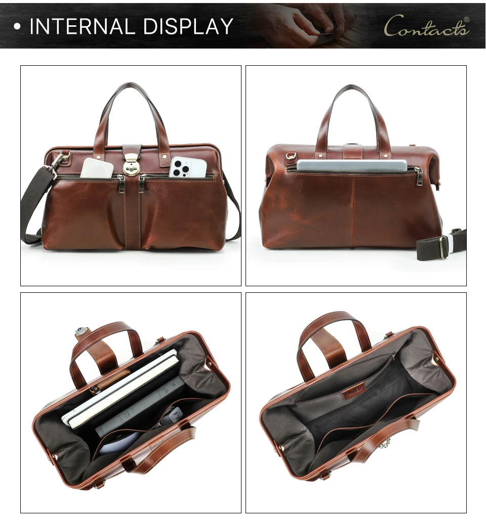 CONTACT'S Genuine Leather Business Bags for Men Mental Frame Briefcase Shoulder Bags Leather Portfolio Bag 14“ Tote Laptop Bags