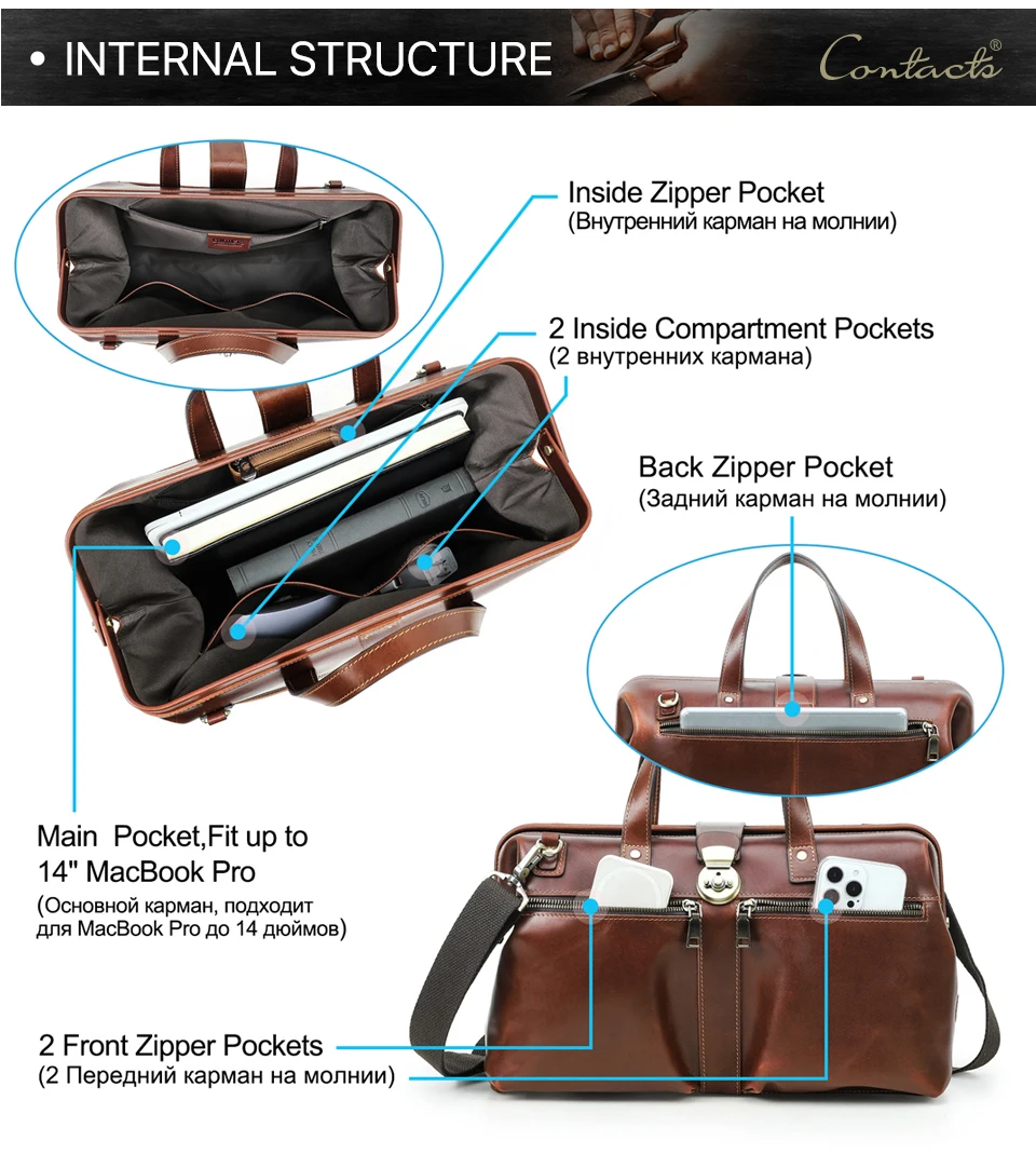CONTACT'S Genuine Leather Business Bags for Men Mental Frame Briefcase Shoulder Bags Leather Portfolio Bag 14“ Tote Laptop Bags