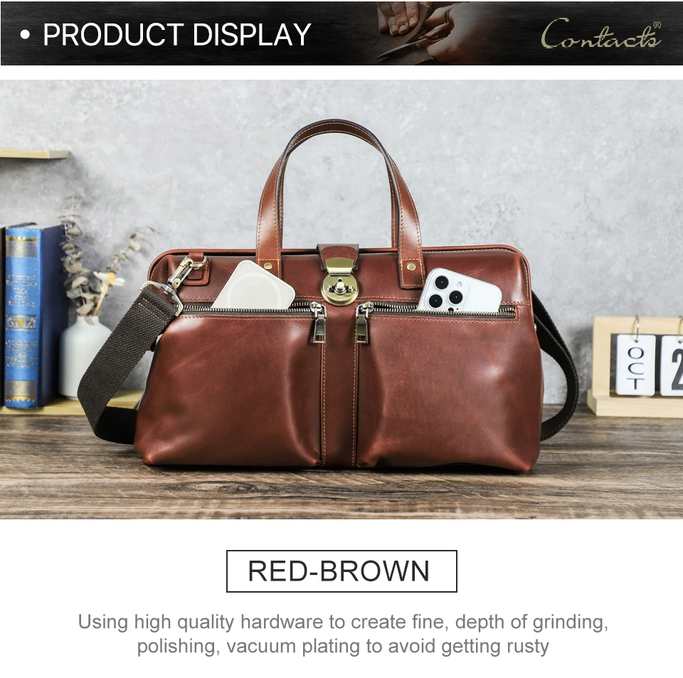 CONTACT'S Genuine Leather Business Bags for Men Mental Frame Briefcase Shoulder Bags Leather Portfolio Bag 14“ Tote Laptop Bags