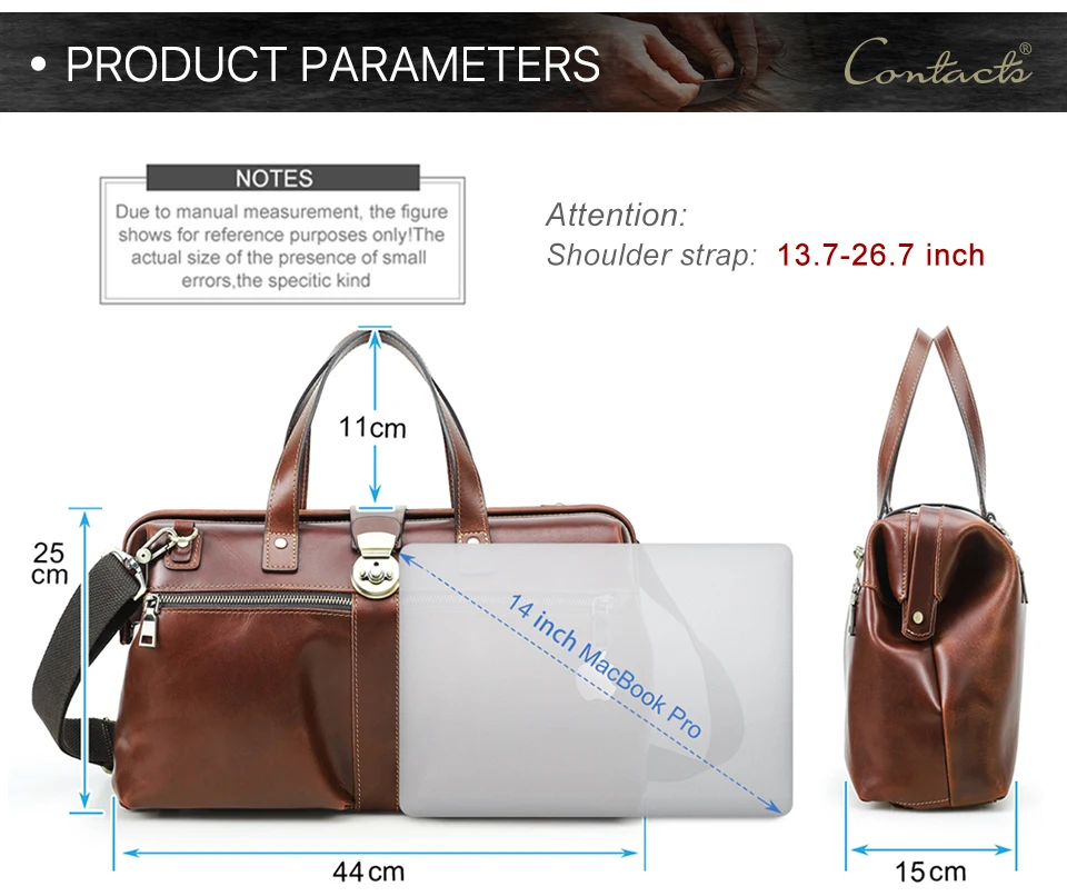 CONTACT'S Genuine Leather Business Bags for Men Mental Frame Briefcase Shoulder Bags Leather Portfolio Bag 14“ Tote Laptop Bags