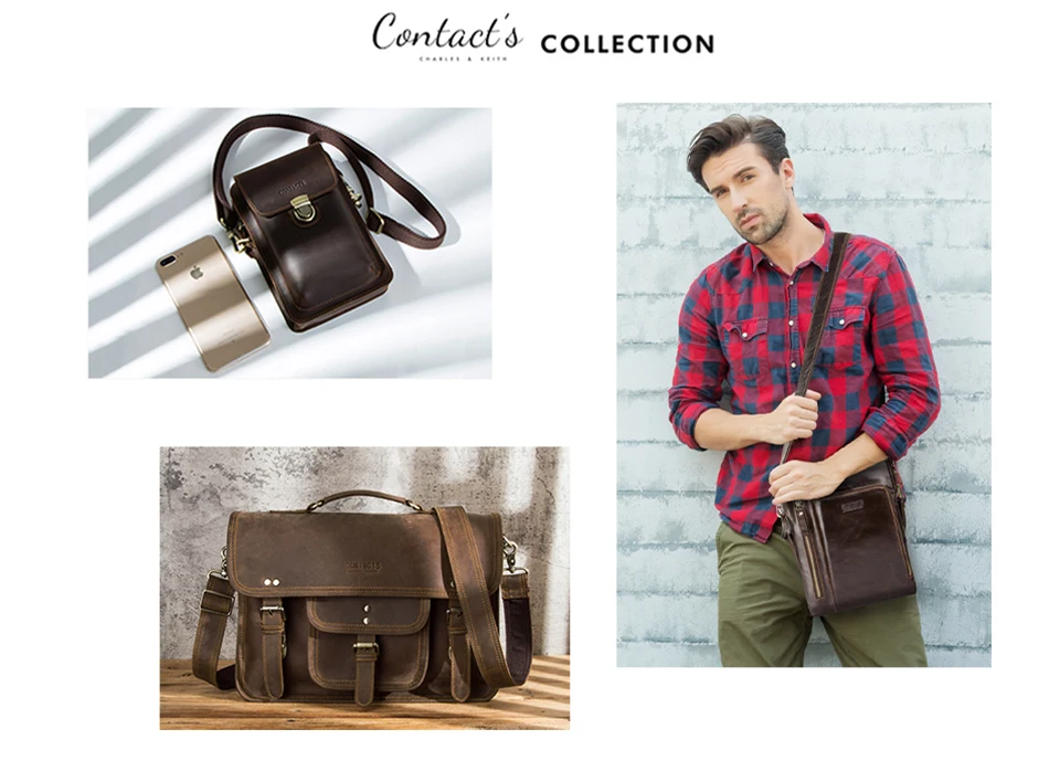 CONTACT'S Genuine Leather Business Bags for Men Mental Frame Briefcase Shoulder Bags Leather Portfolio Bag 14“ Tote Laptop Bags