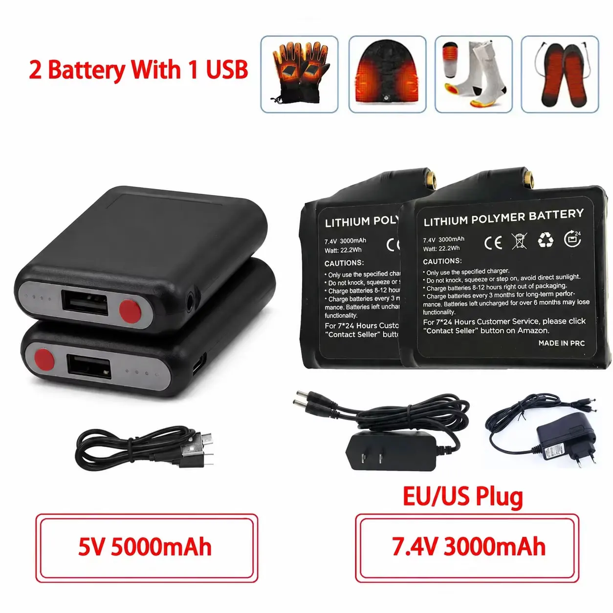 Winter Heated Socks Batteries 7.4V 3000mah/5V 5000mah Li-Polymer Battery Packs for Warm Gloves Clothes Hat Charger Power Bank