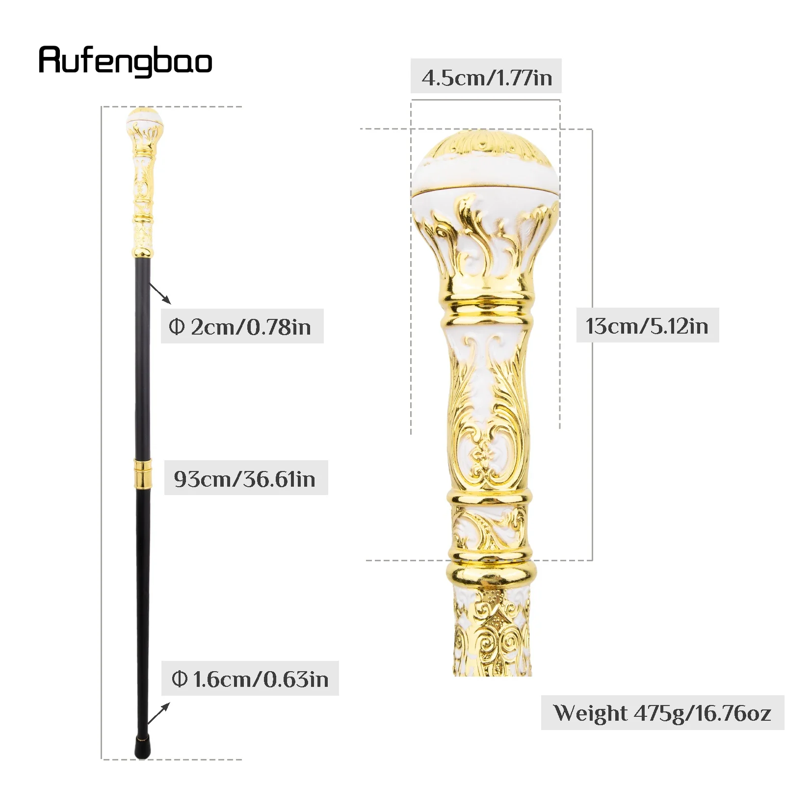 Golden White Luxury Round Handle Fashion Stick for Party Decorative Walking Cane Elegant Crosier Knob Walking Stick 93cm