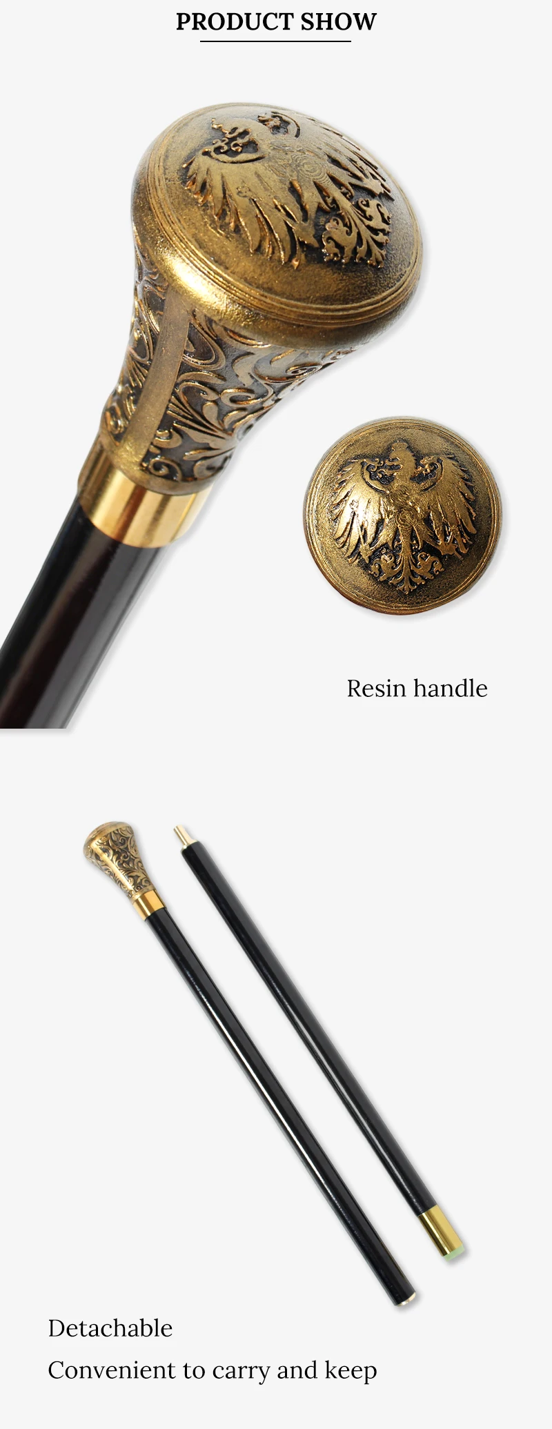 Vintage Prussian Eagle Walking Cane Luxury Pattern Black Gold Handle Detachable Elegant Wood Walking Stick for Men And Women