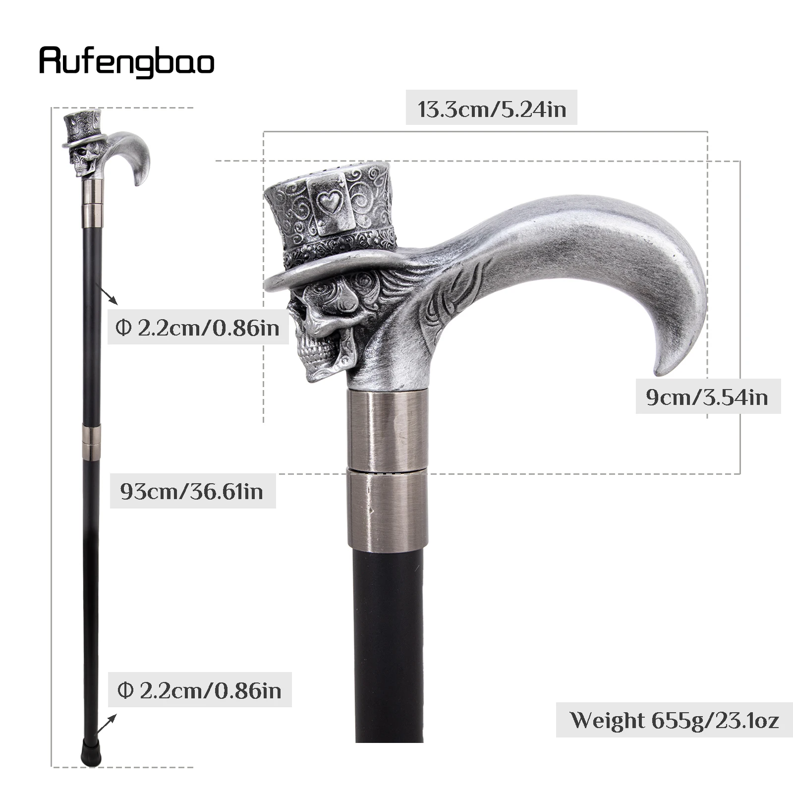 Silver Love Hat Skull Head Long Handle Walking Cane Fashion Cane Decorative Cane Halloween for Cosplay Parties Stick 93cm