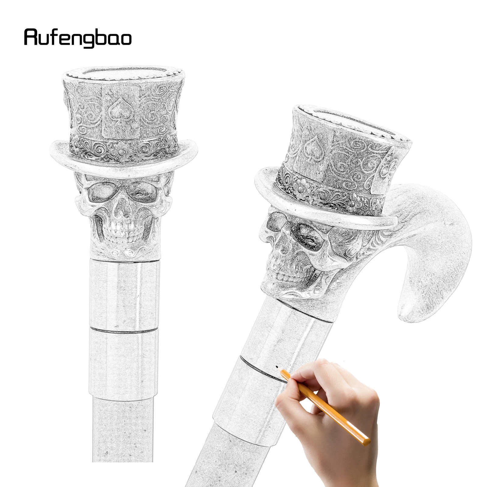 Silver Love Hat Skull Head Long Handle Walking Cane Fashion Cane Decorative Cane Halloween for Cosplay Parties Stick 93cm