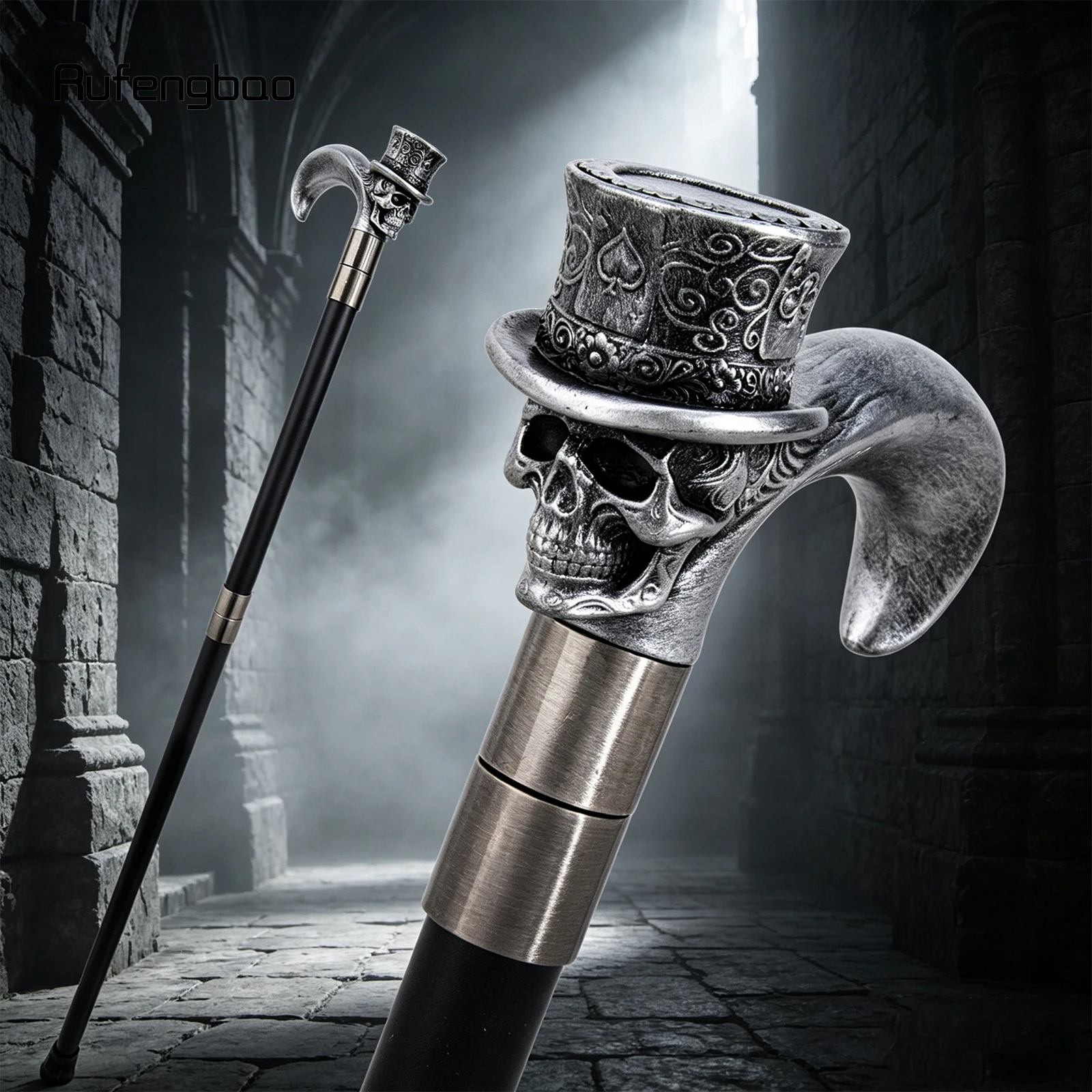 Silver Love Hat Skull Head Long Handle Walking Cane Fashion Cane Decorative Cane Halloween for Cosplay Parties Stick 93cm