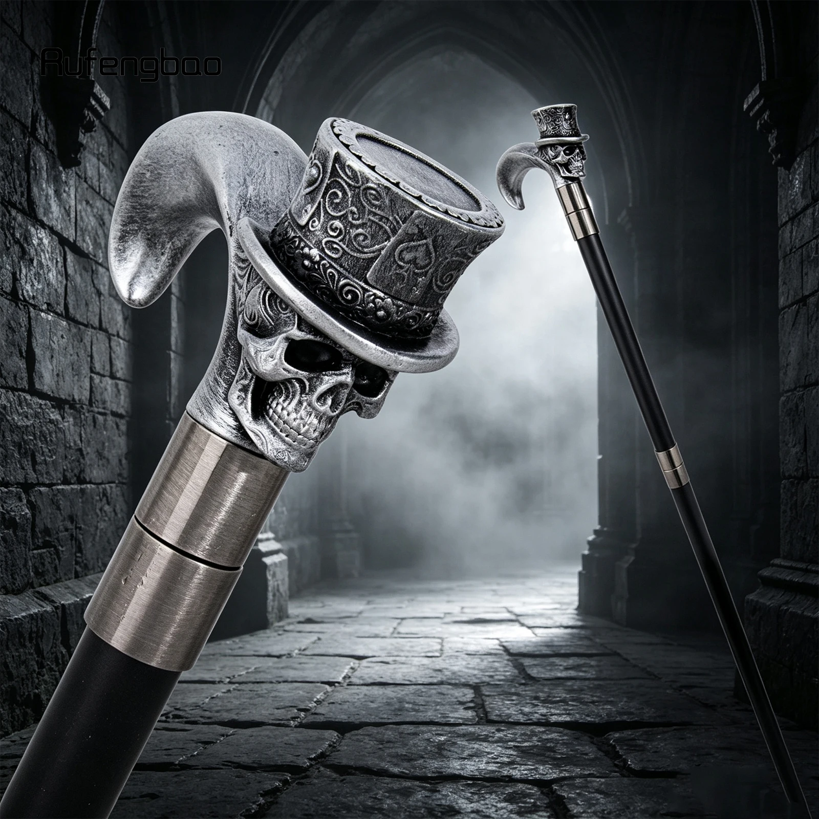 Silver Love Hat Skull Head Long Handle Walking Cane Fashion Cane Decorative Cane Halloween for Cosplay Parties Stick 93cm