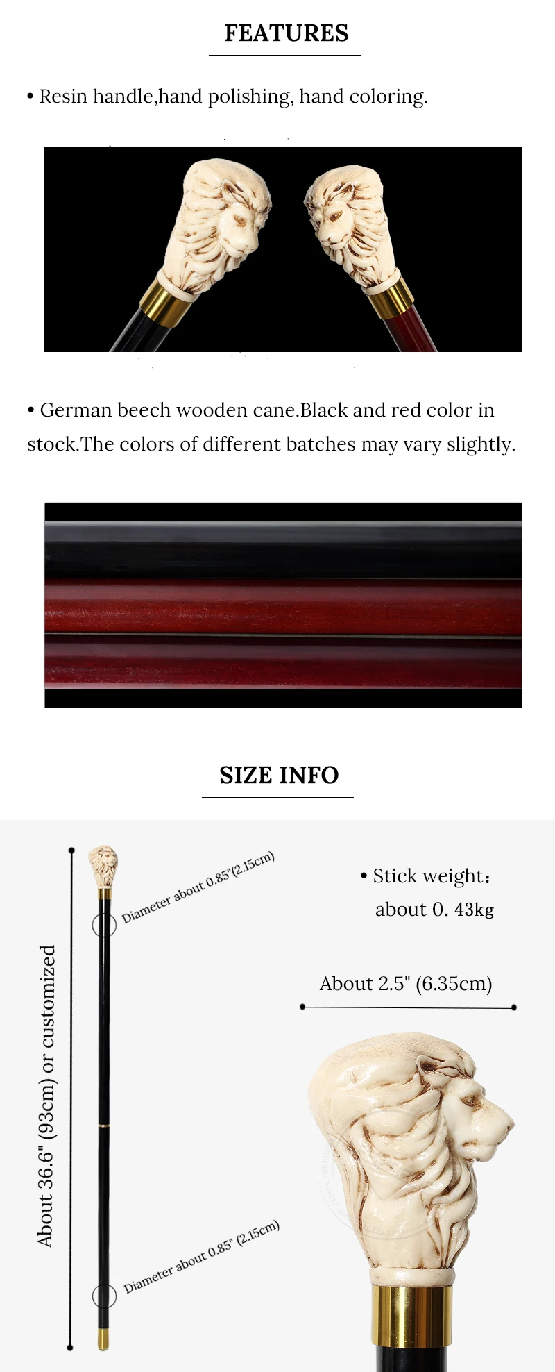 Luxury Elegant Resin Lion Head Walking Cane With Black Beech Wood Waling Stick for Men And Women