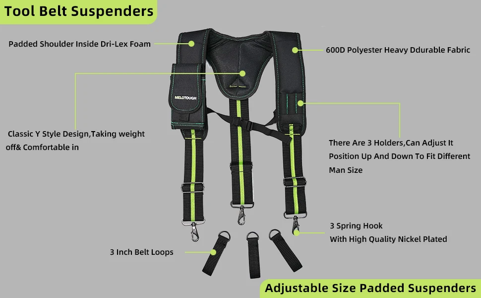 MELOTOUGH Work Suspenders Tool Belt Suspenders with Large Moveable Phone Holder, Pencil Holder