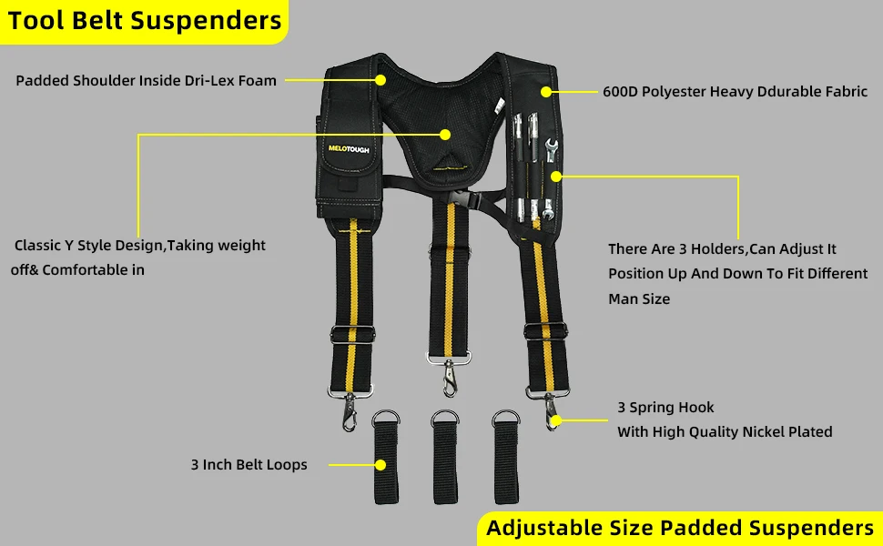 MELOTOUGH Work Suspenders Tool Belt Suspenders with Large Moveable Phone Holder, Pencil Holder