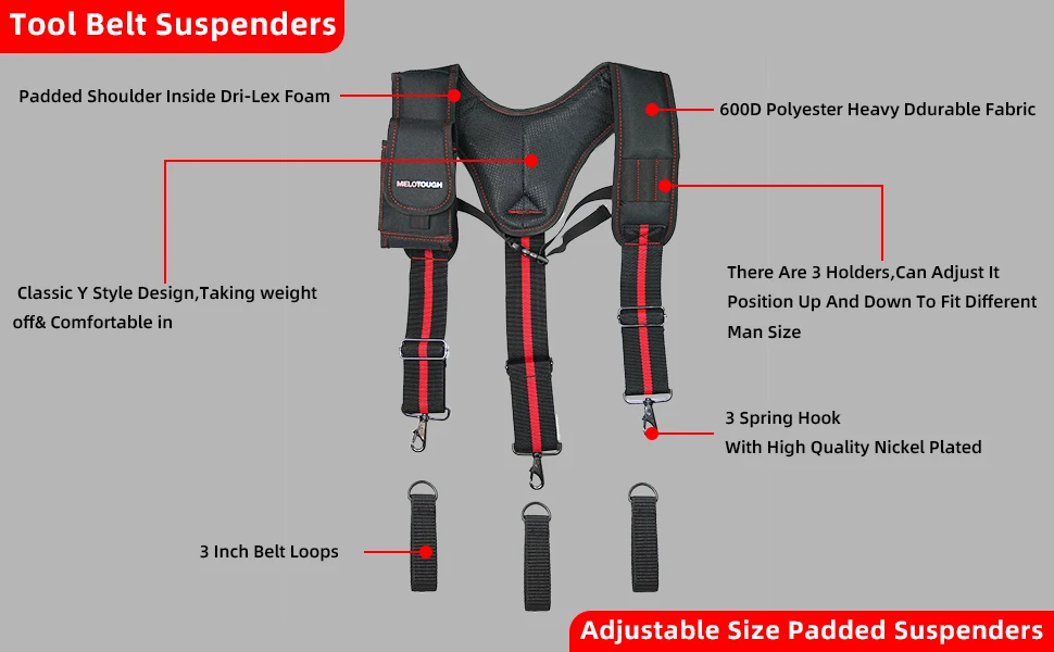 MELOTOUGH Work Suspenders Tool Belt Suspenders with Large Moveable Phone Holder, Pencil Holder