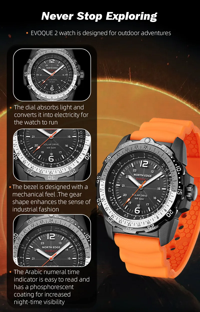 NORTH EDGE EVOQUE2 Waterproof Outdoor Electronic Solar Watch - Speed Luminous Digital Sport Timepiece for Active Living