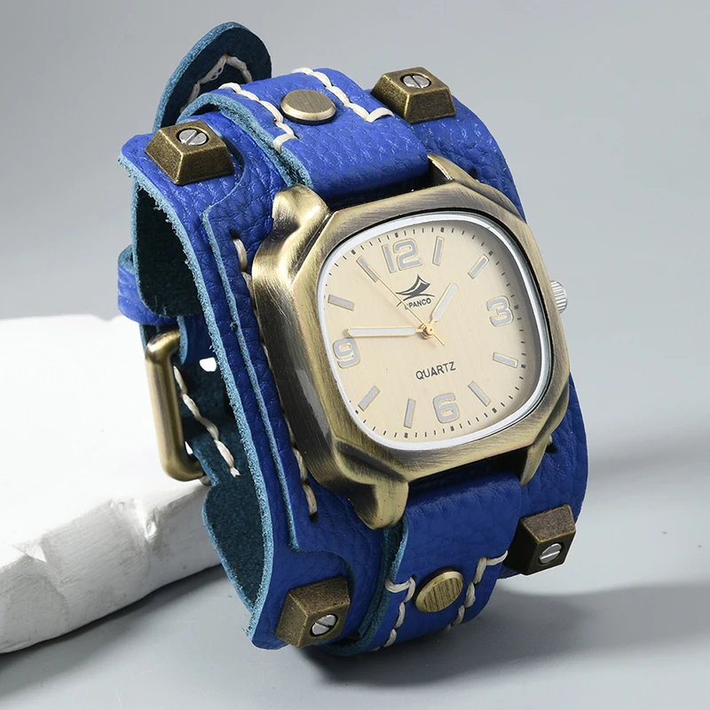 Men's Vintage Hip Hop Punk Quartz Watch - Handmade Rivet Genuine Leather Strap Fashion Accessory