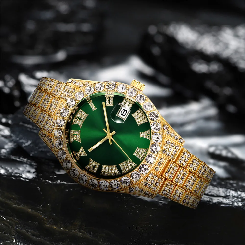 Fashion Business Diamond-Studded Men's And Women's Watches Roman Scale Calendar Hip Hop Watch Gold Green Full Diamond Watch