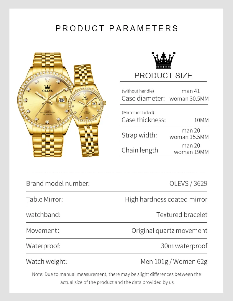 OLEVS 3629 Couple Watches Original Fashion Quartz Watches Waterproof Luminous Diamond Bezel Calendar Watches For Couple Gifts
