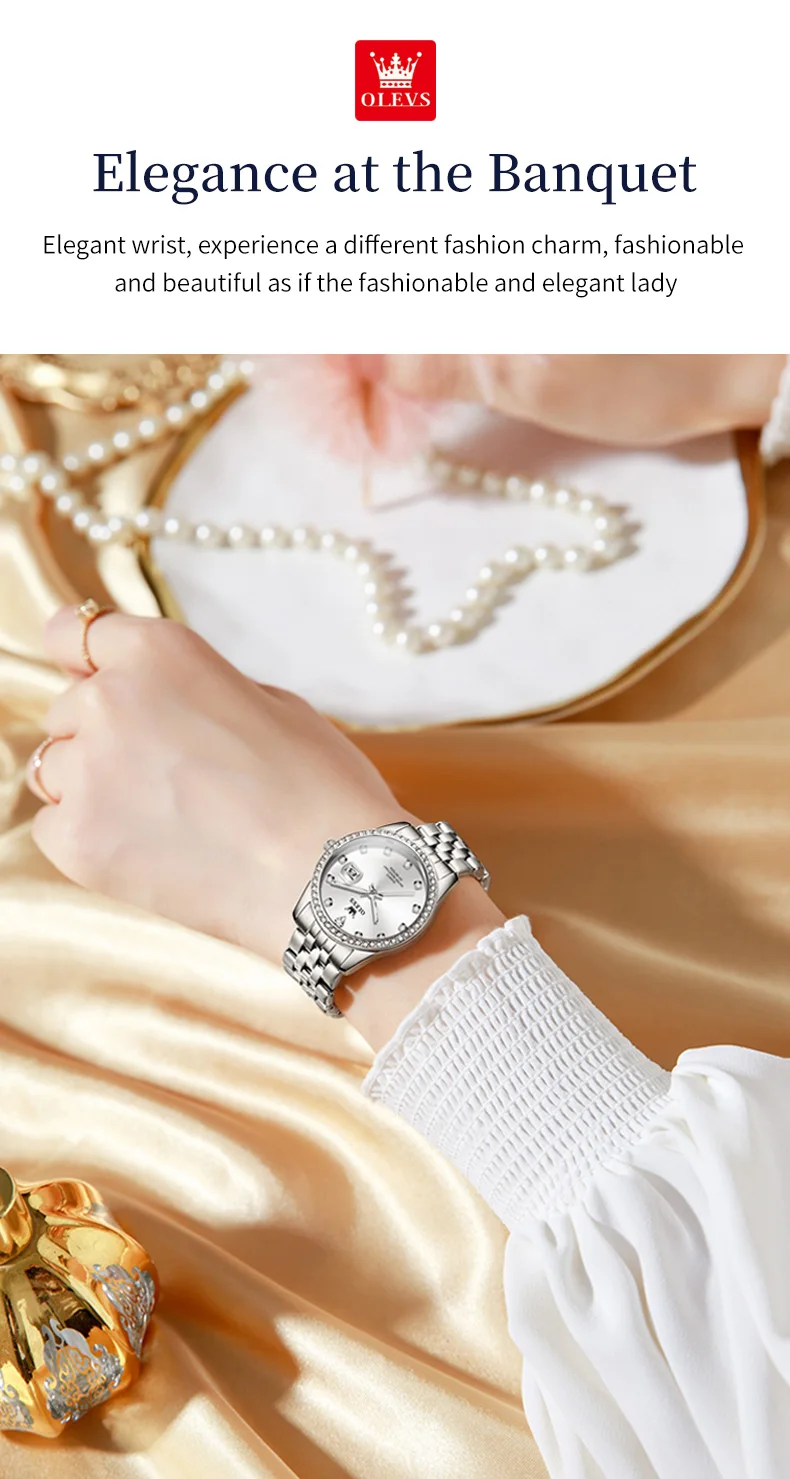 OLEVS 3629 Couple Watches Original Fashion Quartz Watches Waterproof Luminous Diamond Bezel Calendar Watches For Couple Gifts