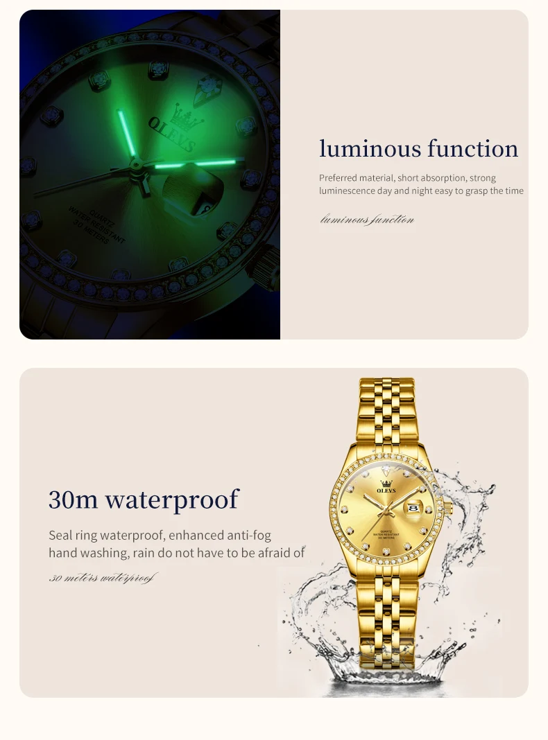 OLEVS 3629 Couple Watches Original Fashion Quartz Watches Waterproof Luminous Diamond Bezel Calendar Watches For Couple Gifts