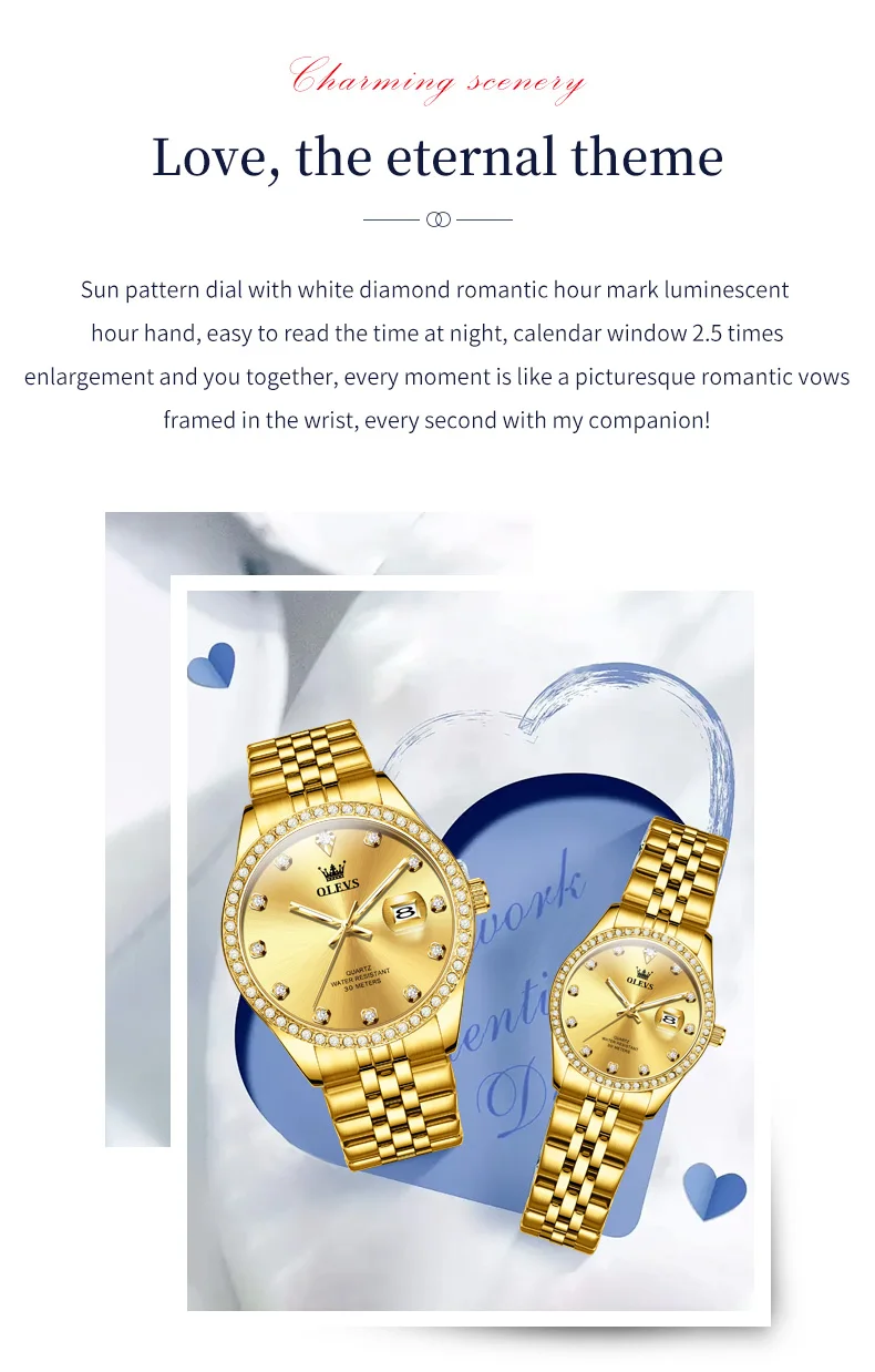 OLEVS 3629 Couple Watches Original Fashion Quartz Watches Waterproof Luminous Diamond Bezel Calendar Watches For Couple Gifts