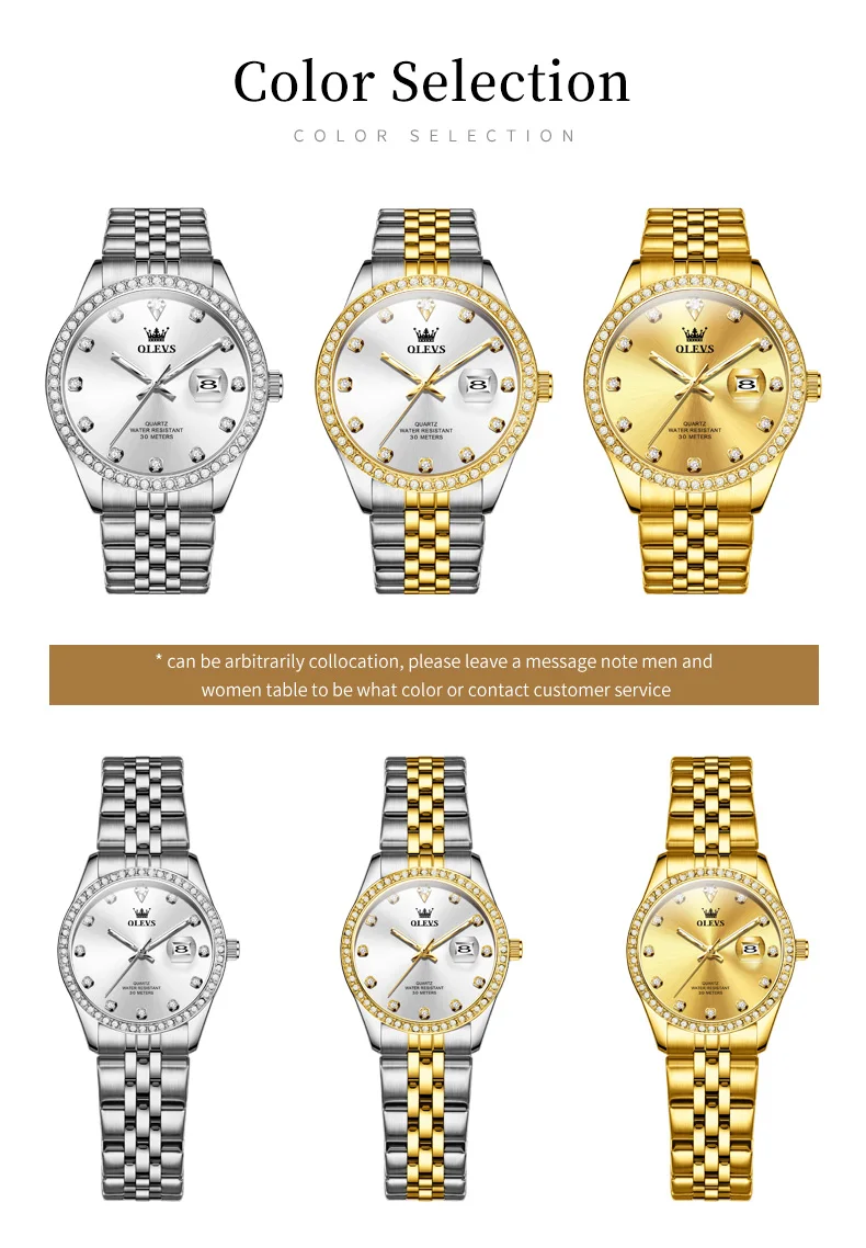 OLEVS 3629 Couple Watches Original Fashion Quartz Watches Waterproof Luminous Diamond Bezel Calendar Watches For Couple Gifts