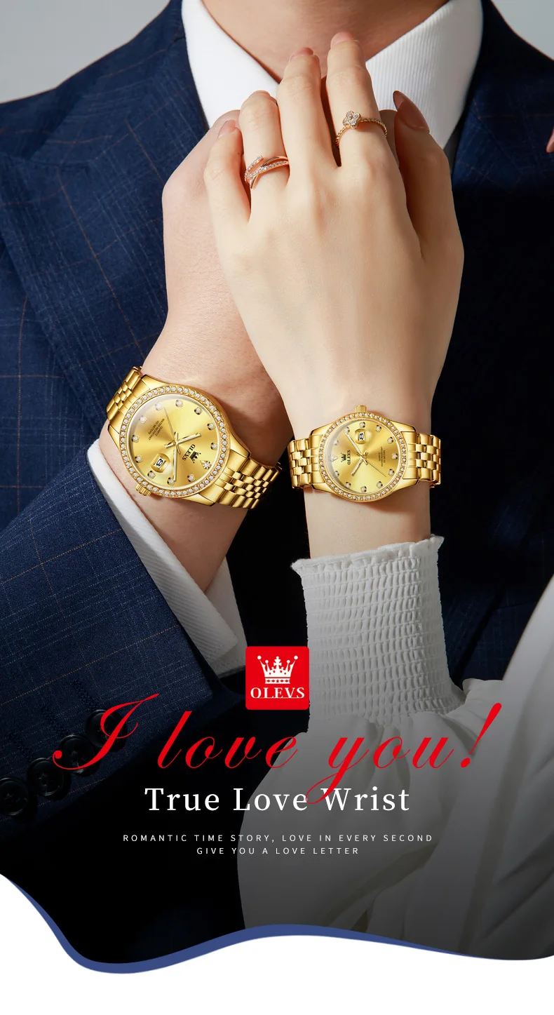 OLEVS 3629 Couple Watches Original Fashion Quartz Watches Waterproof Luminous Diamond Bezel Calendar Watches For Couple Gifts