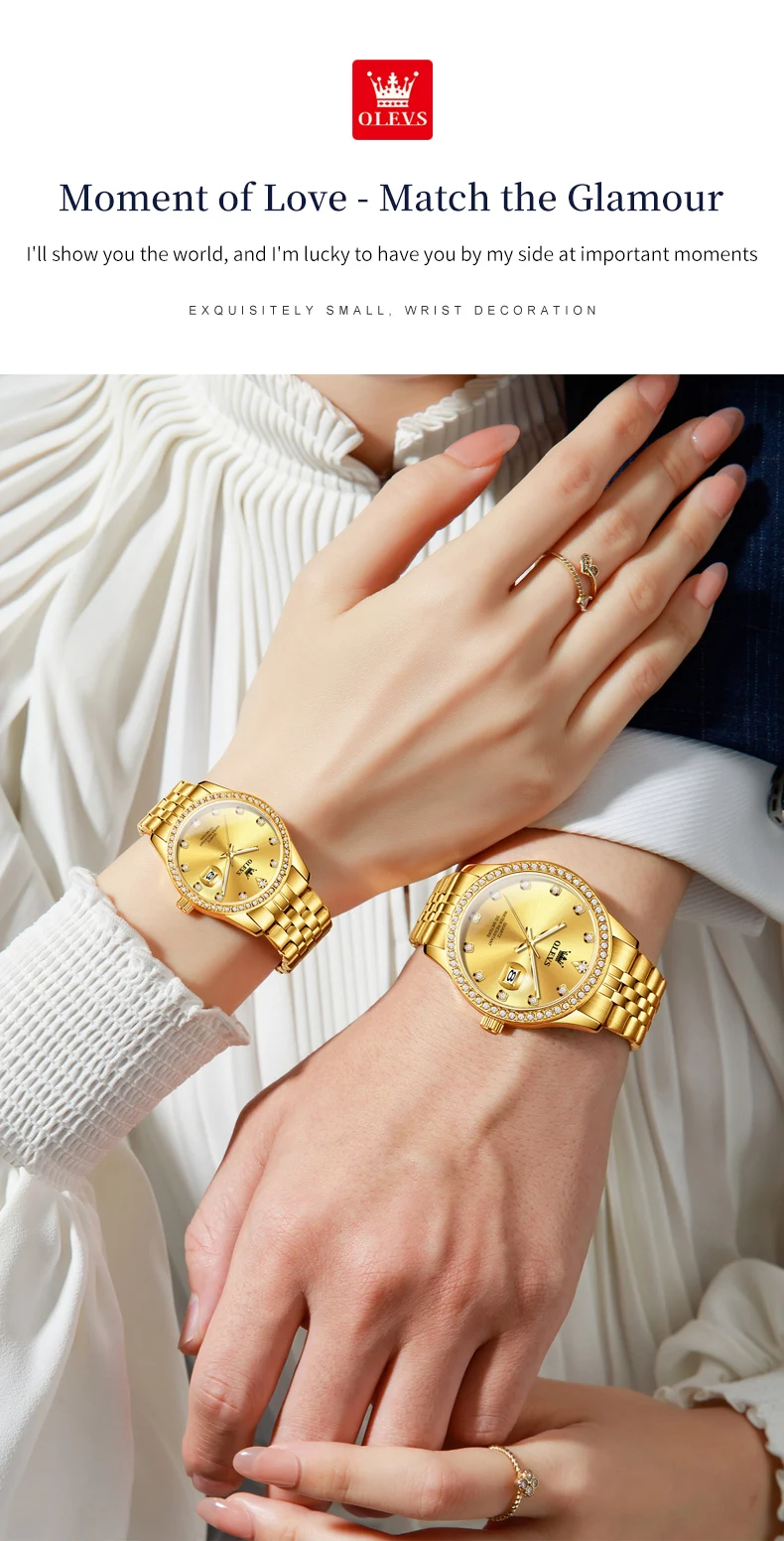 OLEVS 3629 Couple Watches Original Fashion Quartz Watches Waterproof Luminous Diamond Bezel Calendar Watches For Couple Gifts