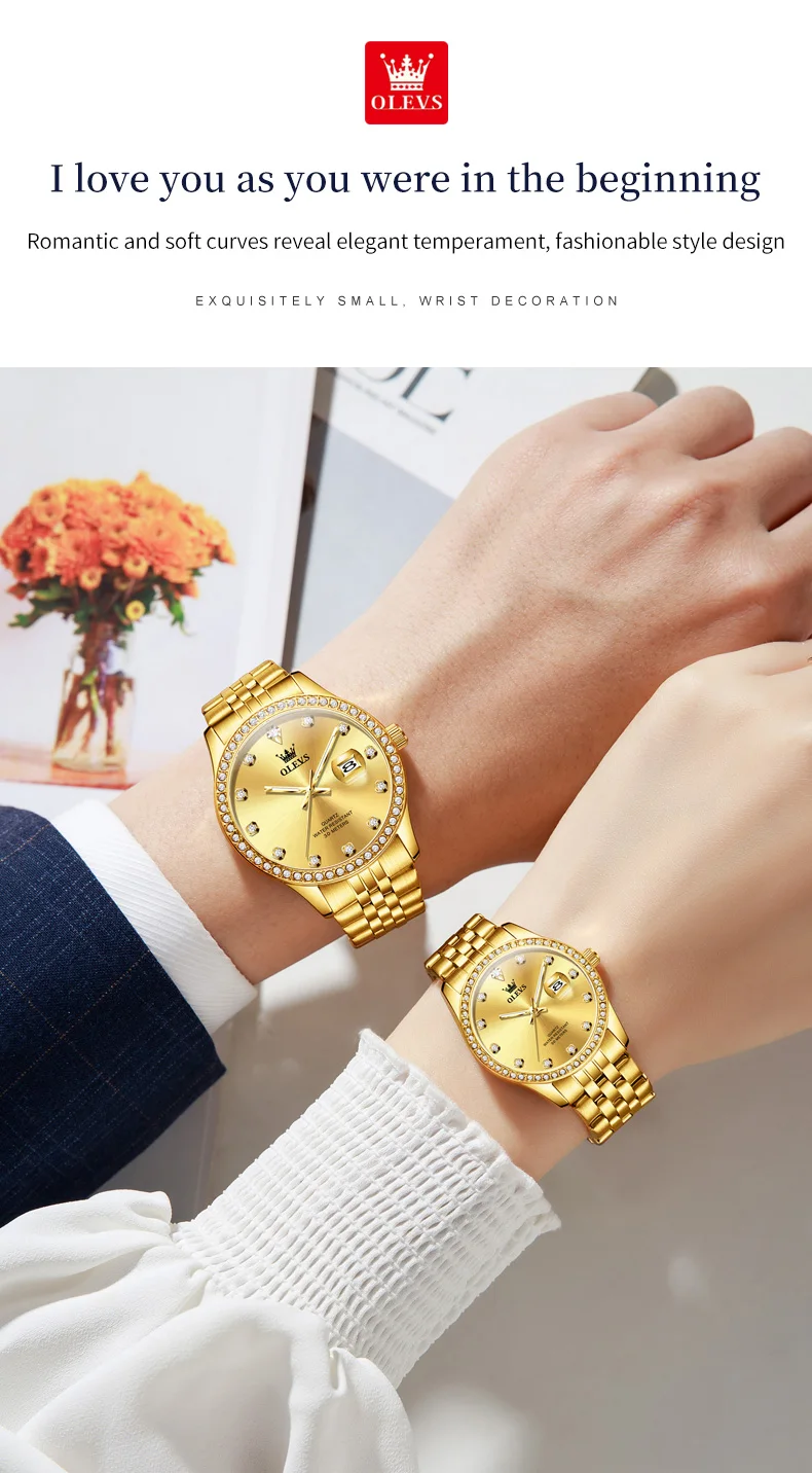 OLEVS 3629 Couple Watches Original Fashion Quartz Watches Waterproof Luminous Diamond Bezel Calendar Watches For Couple Gifts