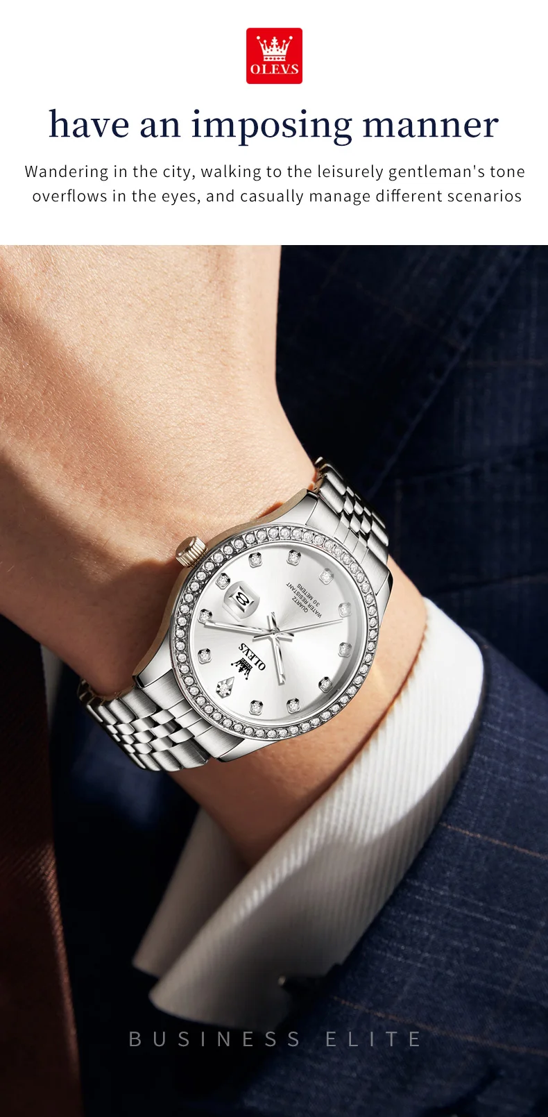 OLEVS 3629 Couple Watches Original Fashion Quartz Watches Waterproof Luminous Diamond Bezel Calendar Watches For Couple Gifts