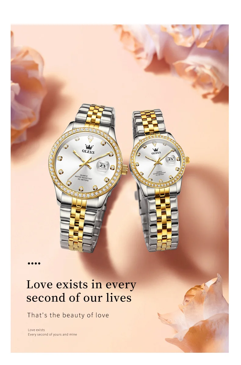 OLEVS 3629 Couple Watches Original Fashion Quartz Watches Waterproof Luminous Diamond Bezel Calendar Watches For Couple Gifts