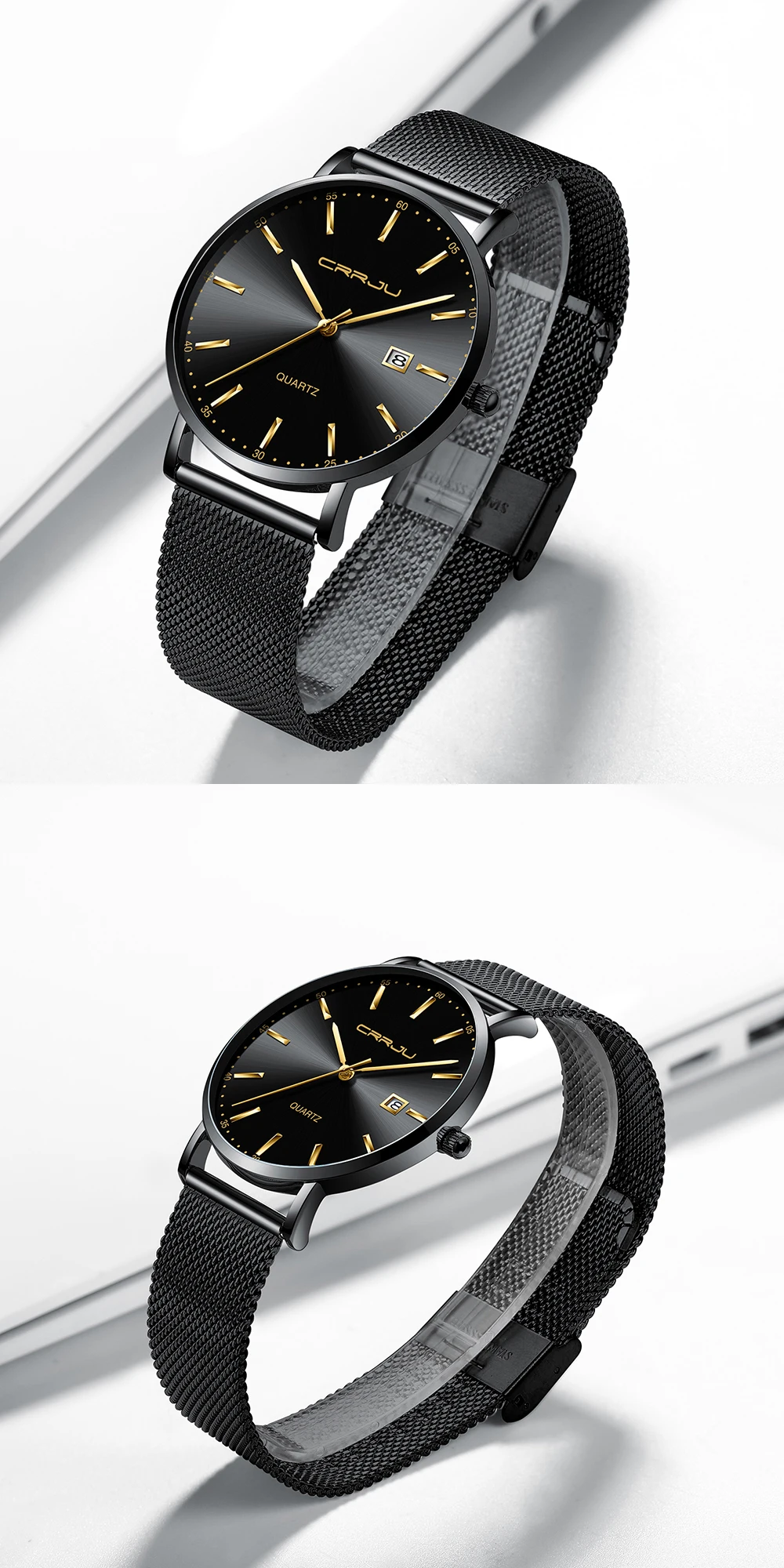 CRRJU Women Watch Fashion Quartz Waterproof Slim Stylish with Date Couple Wristwatch Mesh Strap Clock for unisex reloj hombre