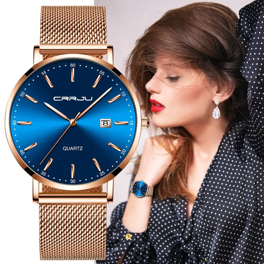 CRRJU Women Watch Fashion Quartz Waterproof Slim Stylish with Date Couple Wristwatch Mesh Strap Clock for unisex reloj hombre