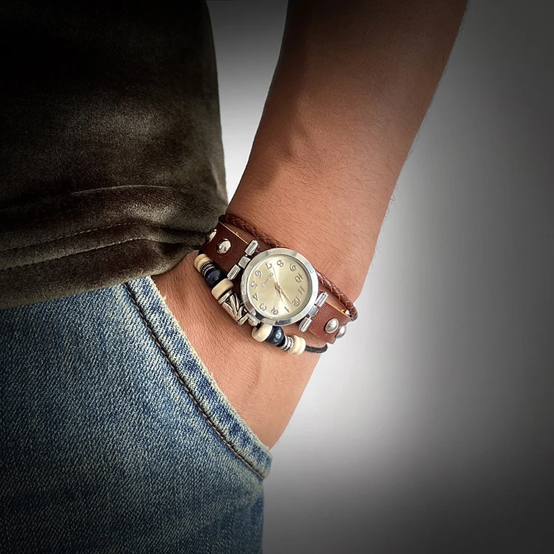 Men's Antique Punk Vintage Quartz Watch with Handmade Leather Bracelet Unisex Streetwear Fashion Accessory Gift