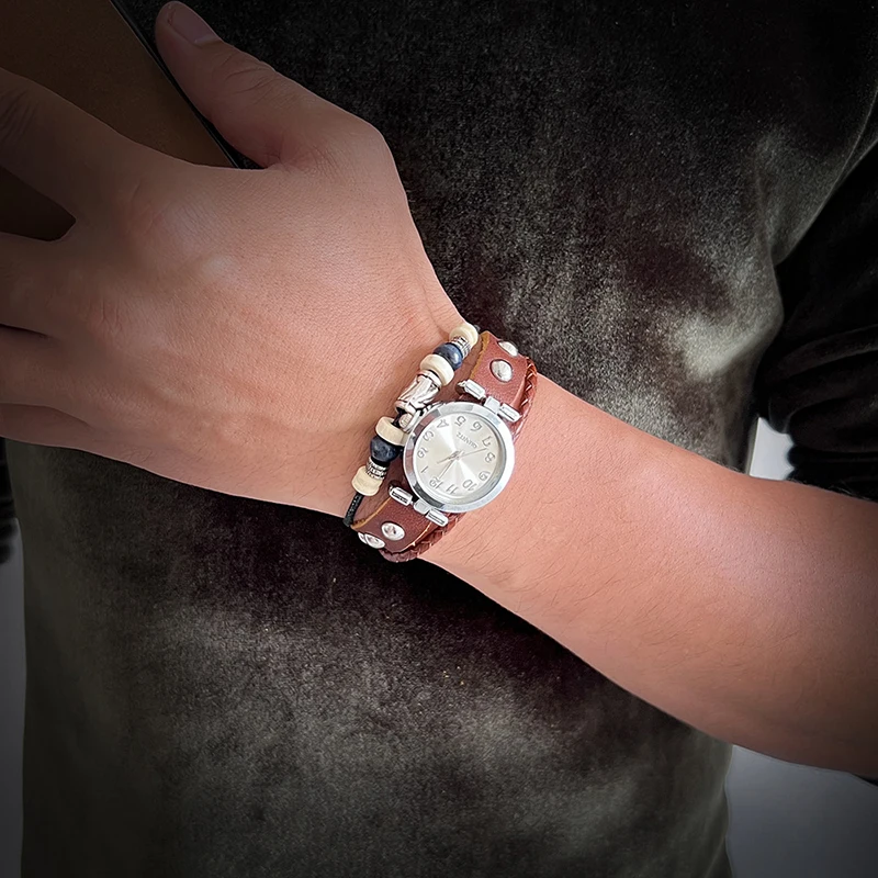 Men's Antique Punk Vintage Quartz Watch with Handmade Leather Bracelet Unisex Streetwear Fashion Accessory Gift