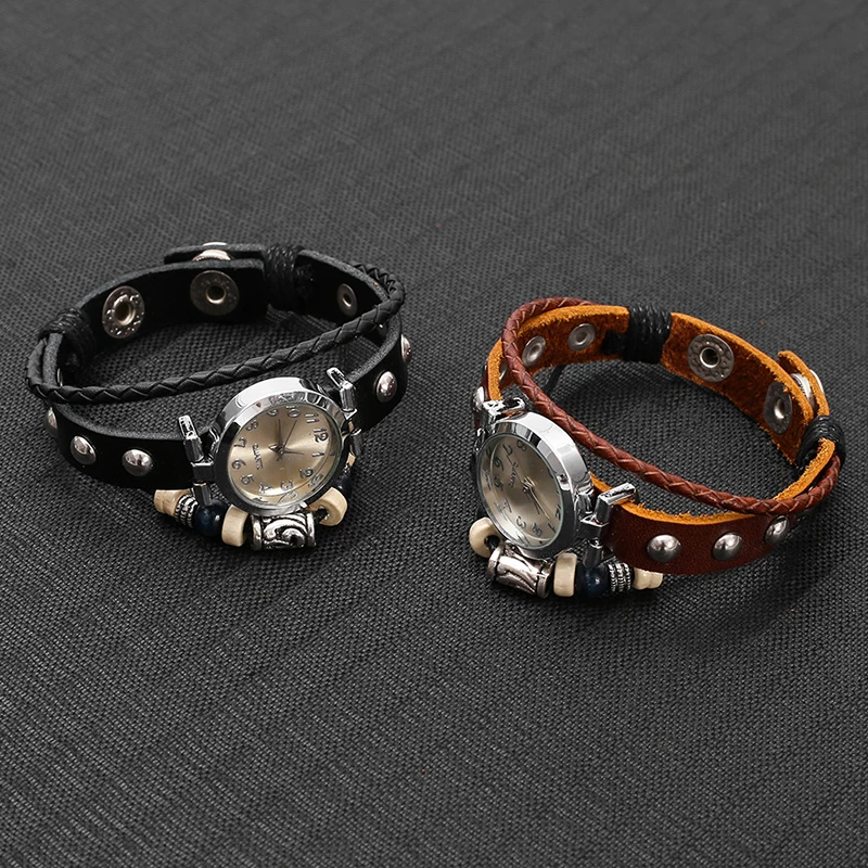 Men's Antique Punk Vintage Quartz Watch with Handmade Leather Bracelet Unisex Streetwear Fashion Accessory Gift