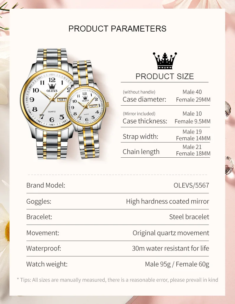 OLEVS Fashion Brand Couple Quartz Watches Waterproof Luminous Wristwatch for Lover Date Men‘s and Women's Wristwatch Simple