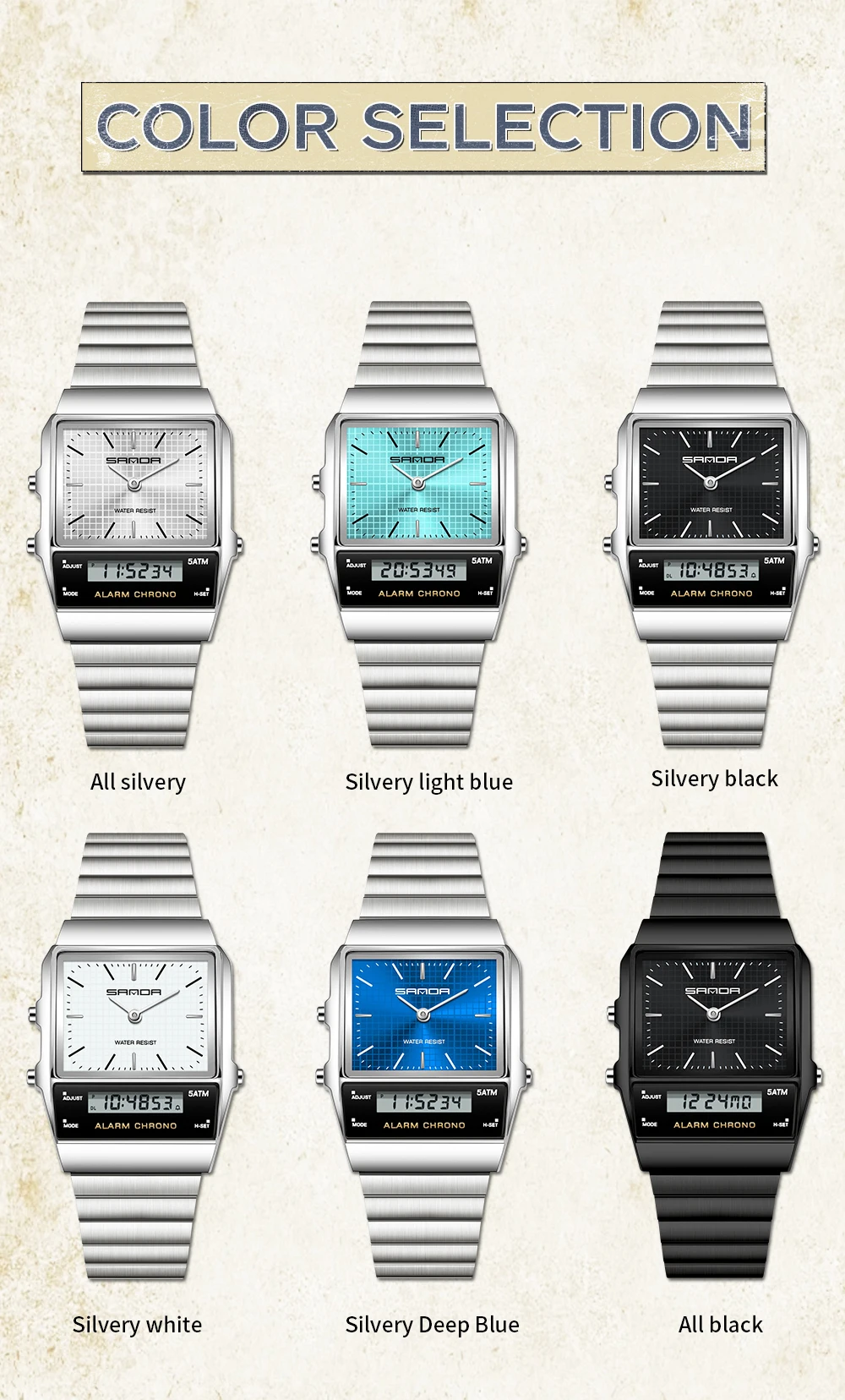 SANDA Fashion Quartz Digital Men's Watch Waterproof Casual Watch Wear-resistant Stainless Steel Couple Strap Watch