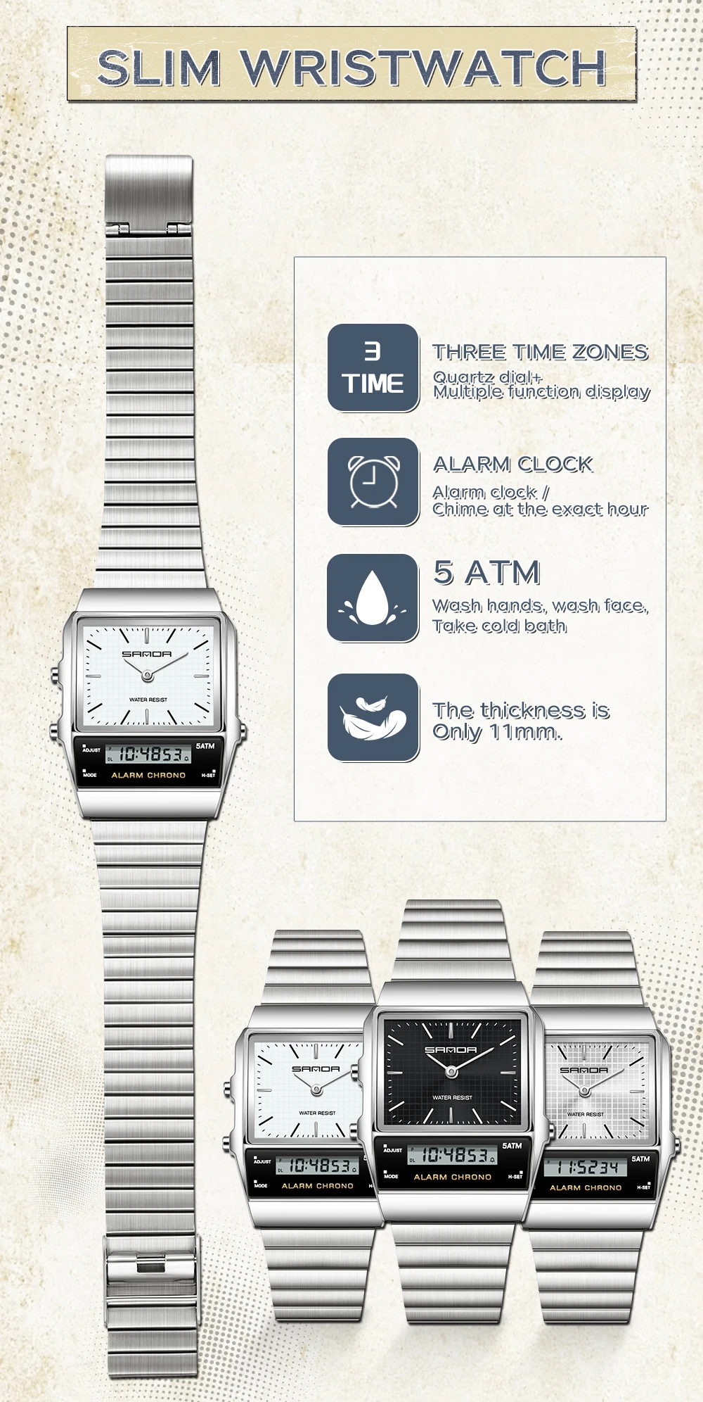 SANDA Fashion Quartz Digital Men's Watch Waterproof Casual Watch Wear-resistant Stainless Steel Couple Strap Watch