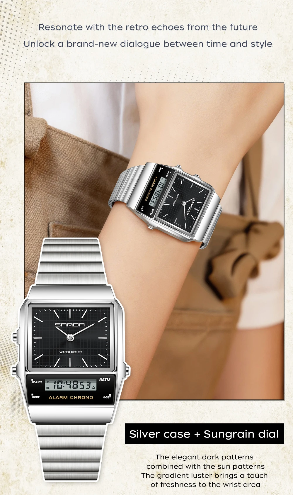 SANDA Fashion Quartz Digital Men's Watch Waterproof Casual Watch Wear-resistant Stainless Steel Couple Strap Watch