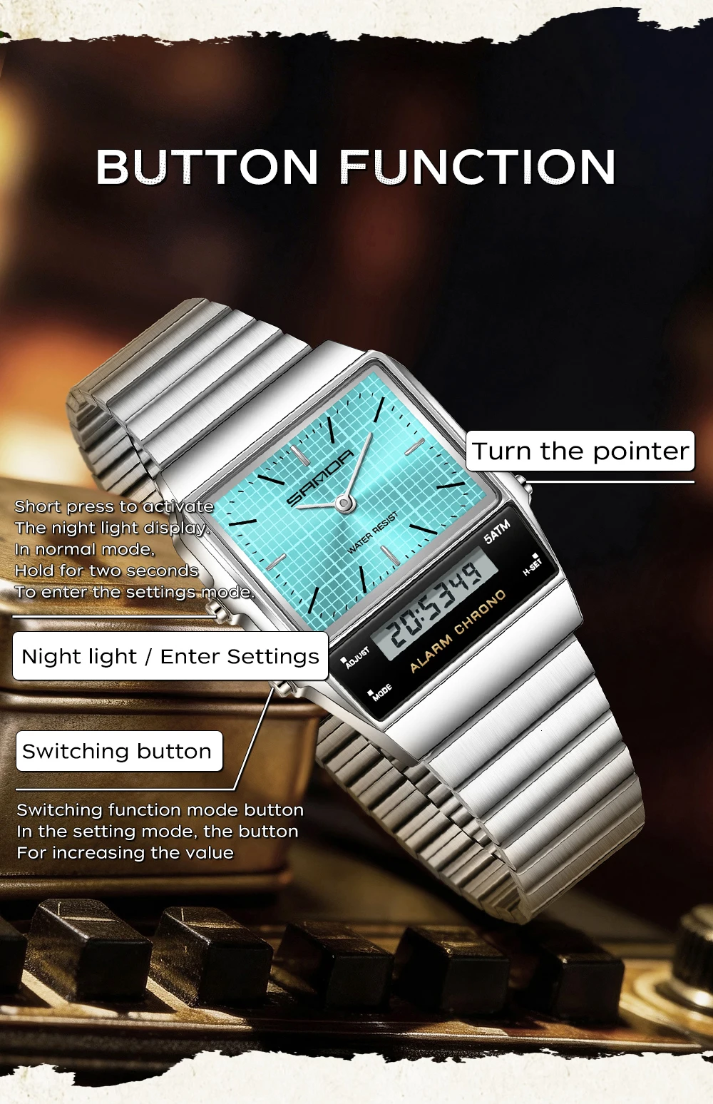 SANDA Fashion Quartz Digital Men's Watch Waterproof Casual Watch Wear-resistant Stainless Steel Couple Strap Watch