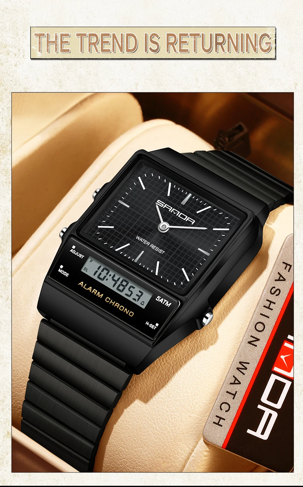 SANDA Fashion Quartz Digital Men's Watch Waterproof Casual Watch Wear-resistant Stainless Steel Couple Strap Watch