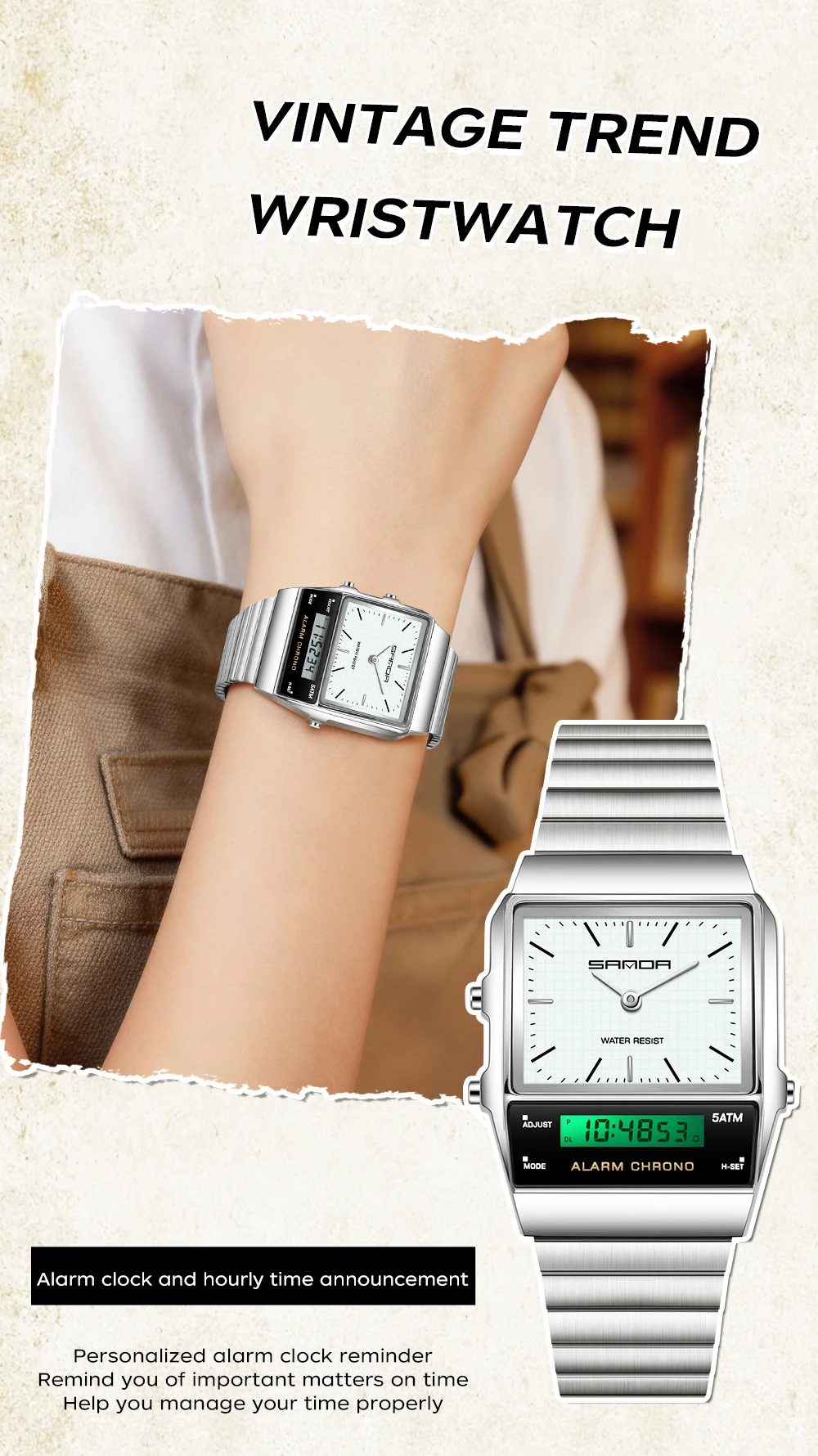 SANDA Fashion Quartz Digital Men's Watch Waterproof Casual Watch Wear-resistant Stainless Steel Couple Strap Watch